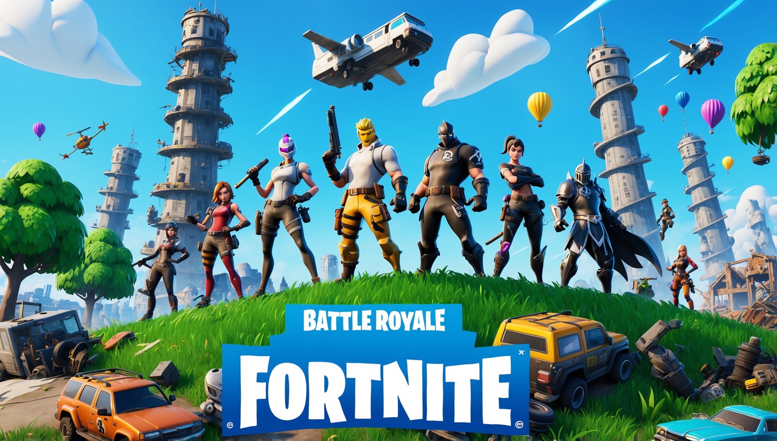 A vibrant, action-packed digital illustration depicting the popular battle royale game Fortnite, set against a bright, sunny day with a few fluffy white clouds in a clear blue sky, showcasing a diverse group of characters, each with unique outfits and accessories, such as the default skin, Renegade Raider, and Black Knight, standing atop a hill overlooking the ruined cityscape of Tilted Towers, with the iconic Battle Bus flying overhead, amidst a flurry of colorful gliders and parachutes, surrounded by lush green trees, abandoned vehicles, and debris, with a dynamic composition that captures the game