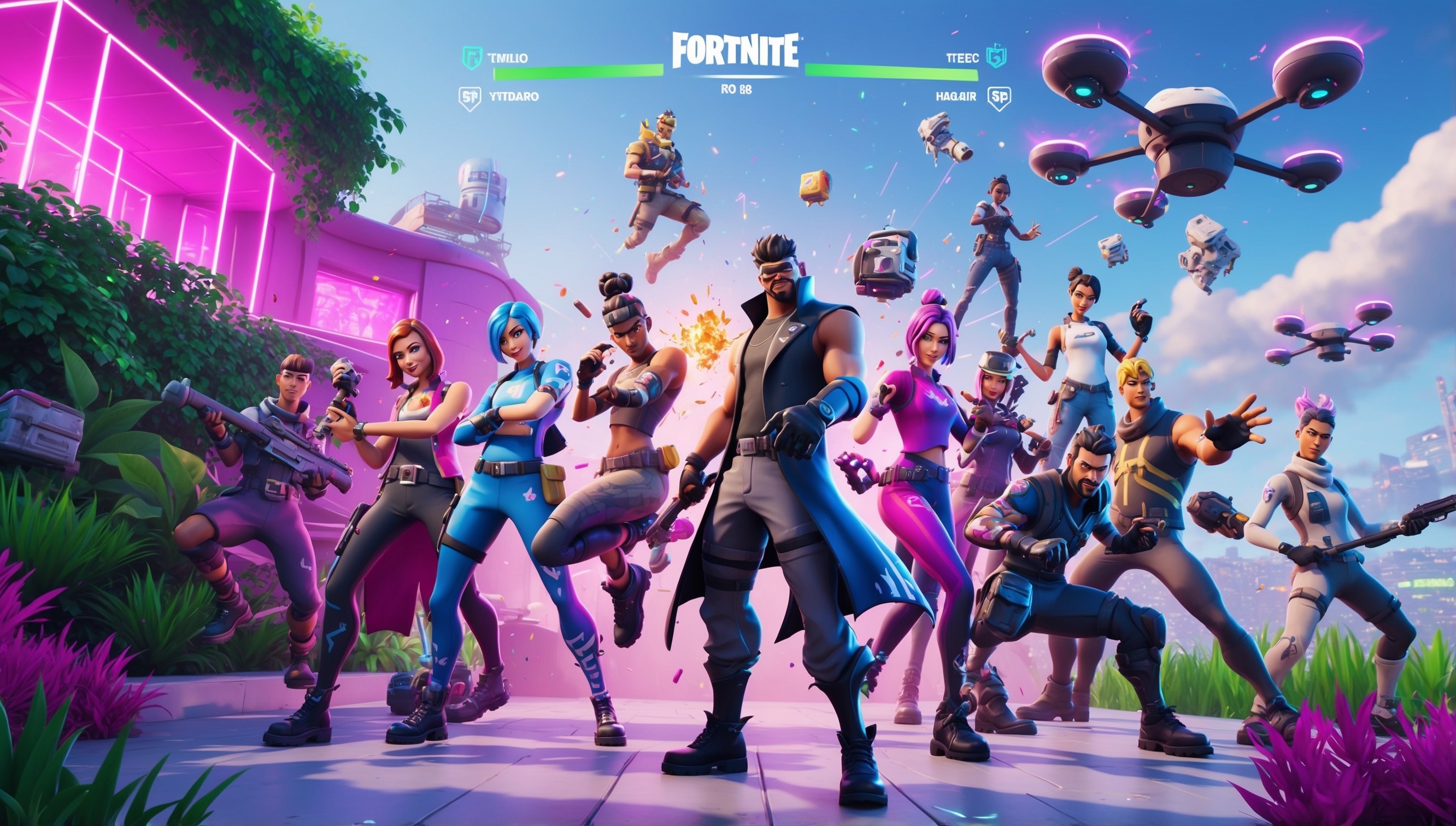 A vibrant and action-packed digital illustration of Fortnite gameplay, set in a futuristic, radiant environment with lush vegetation and neon-lit structures, showcasing a diverse range of characters, each with unique costumes, hairstyles, and skin tones, engaged in an intense battle royale, with a focus on dynamic poses, dramatic lighting, and explosive special effects, highlighting the game