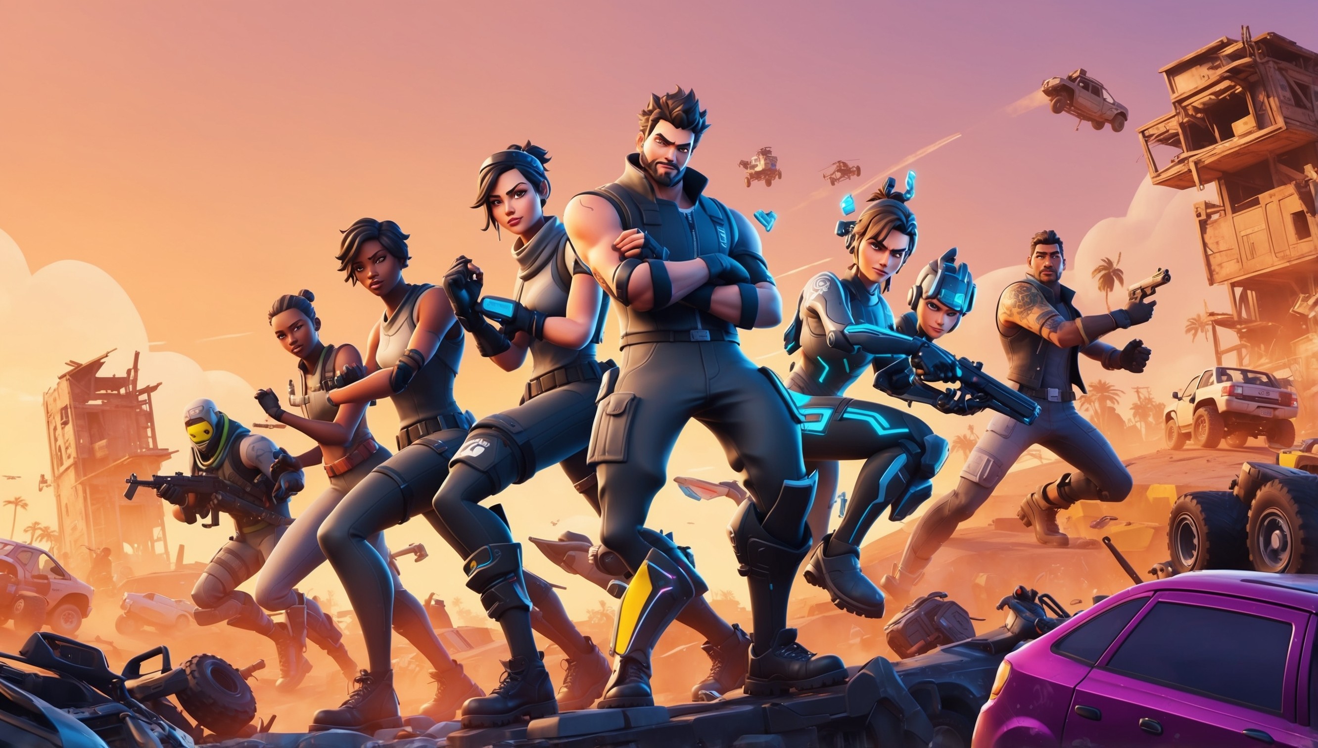 A dynamic and vibrant digital illustration depicting a thrilling scene of Fortnite gameplay, set amidst a stylized, apocalyptic landscape with a warm, orange-hued sunset casting a glow over the environment, featuring a diverse group of characters, each with unique skin tones and facial features, such as a male figure with a determined expression, sporting a strong jawline and messy brown hair, alongside a female character with a fierce gaze, adorned in a sleek, high-tech exosuit, and another figure with a more cartoonish appearance, donning a brightly colored outfit, all engaged in an intense battle, surrounded by exploded buildings, crashed vehicles, and scattered loot, with a subtle, gradient-like effect blending the characters and environment together, evoking a sense of action-packed energy and chaos, all rendered in a stylized, semi-realistic art style reminiscent of the popular video game.